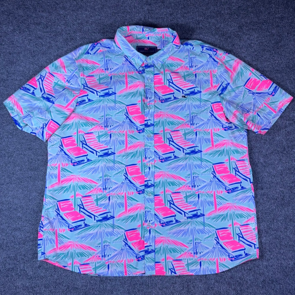 Vineyard Vines Mens XL Classic Fit Cabana Print Chair Shirt 1W011718 Pink Blue